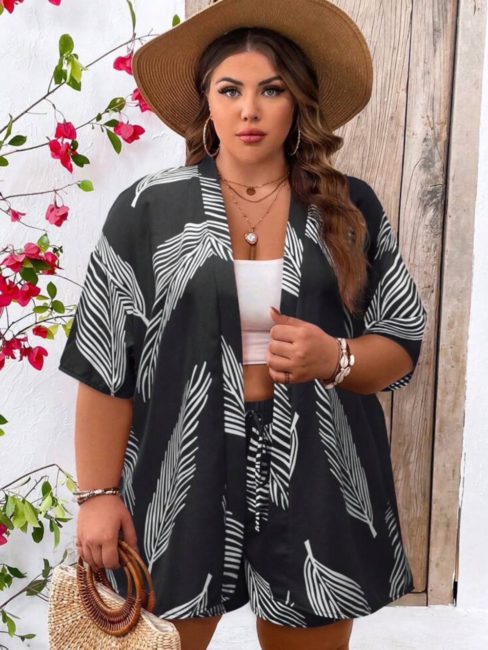 Plus Size Black & White Palm-Print Swim Cover-Up Set